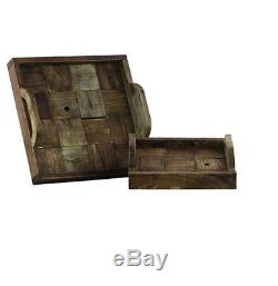 New Wooden Tray Set of Two Reclaimed Wood Finish Dinnerware Serving Dishes Tray