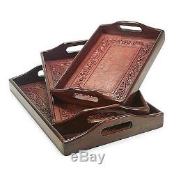 Novica 3 Piece Unique Leather and Wood Serving Tray Set