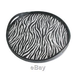 Novica Zebra Print Round Reverse Painted Glass and Wood Serving Tray