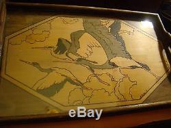ORIGINAL DECO 1933 Wooden serving tray, hand painted. BIRDS STORKS Signed