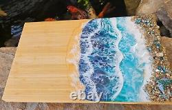 Ocean and waves Whale Wood Serving Board LARGE 18X11 with hand poured Resin