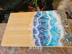 Ocean and waves Whale Wood Serving Board LARGE 18X11 with hand poured Resin