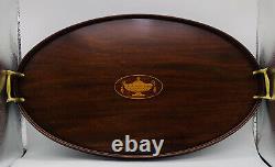 Old Butler Oval Inlaid Mahogany Serving Tray Brass Handles E. F. S. Maker 24+