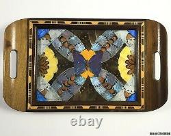 Old Vintage Iridescent Butterfly Wings Inlay Wood Serving Tray Woodenware Art