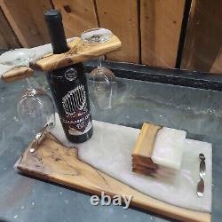 Olive wood epoxy charcuterie board, wine caddy, and coaster set