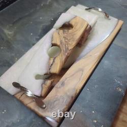 Olive wood epoxy charcuterie board, wine caddy, and coaster set