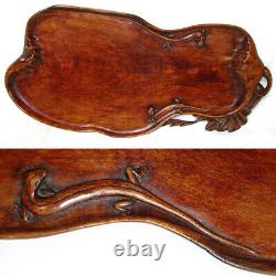 Oriental Carved Wood 23.25 Bar or Serving Tray, Flowers, Foliage & Salamanders