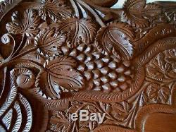 Ornate Hand Carved Wood Serving Tray Platter Handles 24 x 13.75 GrapeVine leaf