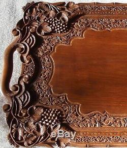 Ornate Hand Carved Wood Serving Tray Platter Handles 24 x 13.75 GrapeVine leaf