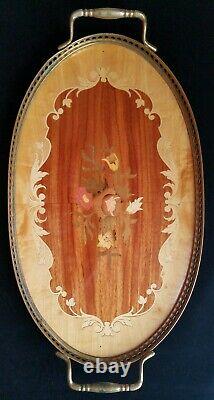 Oval Italian Marquetry Inlay Wood Serving Tray with Brass Trim And Handles 16 X 9