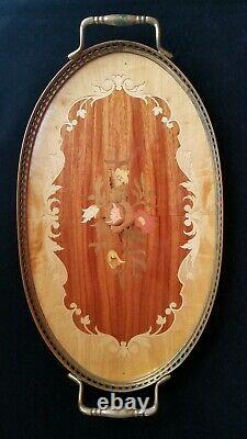 Oval Italian Marquetry Inlay Wood Serving Tray with Brass Trim And Handles 16 X 9