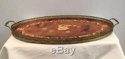 Oval Italian Marquetry Inlay Wood Serving Tray with Brass Trim And Handles 20-1/2