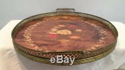 Oval Italian Marquetry Inlay Wood Serving Tray with Brass Trim And Handles 20-1/2