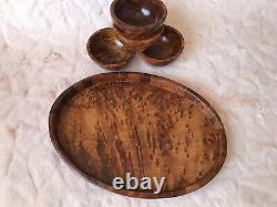 Oval Moroccan burl Thuja wood serving tray with bowls, natural luxury dining deco