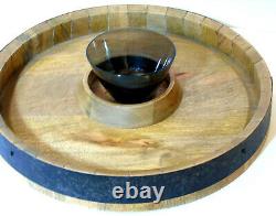 PB Barrel Top SERVING PLATTER Chip & Dip Tray 15.5 Wood & Metal + Mepra Bowl