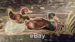PLEASE SAVE THIS-antique Hand Painted WOODEN SERVING TRAY GoldTrim abalone INLAY