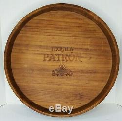 Patron Tequila Round Carved Wood Barrel Top Serving Tray Large 17 Metal Band
