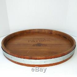 Patron Tequila Round Carved Wood Barrel Top Serving Tray Large 17 Metal Band