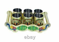 Peacock Design Rajwadi Traditional Water Drinking Glass and Tray