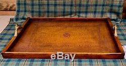 Ralph Lauren Home tooled Saddle Leather Wood Butler Tray with Brass Handles