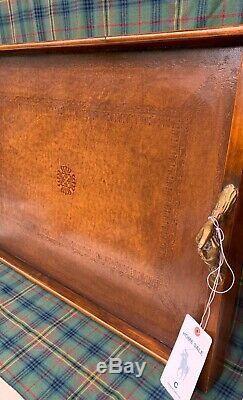Ralph Lauren Home tooled Saddle Leather Wood Butler Tray with Brass Handles