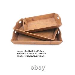 Rectangular Wooden Serving Tray With Cut Out Handles, Set Of 3, Brown- Saltoro