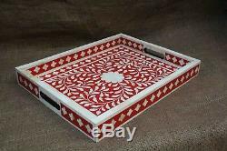 Red Handmade Bone Inlay Tray Floral Decorative Serving Tray Perfect Gift