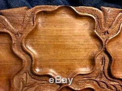 Retro Vintage Hand Engraved & Carved Oval Teak Wood Wooden Serving Tray