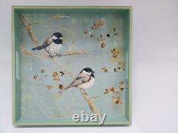 Rock Flower Paper Birds Chickadee's 15 Square Serving Tray With Handles (Rare)