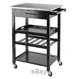 Rolling Black Stainless Steel Top Serving Bar Cart with Wine Rack, Removable Tray