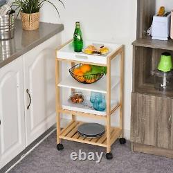Rolling Kitchen Cart Wooden Storage Trolley Shelves Slatted Serving Tray White