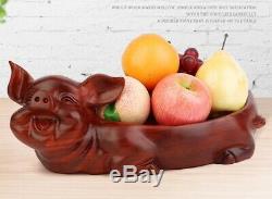 Rosewood Carved Fruits Dessert Cookie Tray Serving Plate Holder Decor Pig Statue