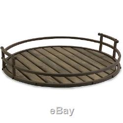Round Large Serving Tray with Metal Handle Food Drink Durable Safe Iron Wood 20