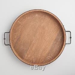 Round Rustic Wood Kitchen Serving Food Drink Tray with Square Iron Handles