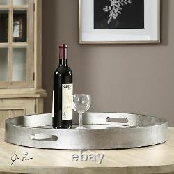 Round Silver Mirrored Decorative Serving Tray Handles Bar Contemporary Classic