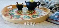Round Tray with handles Wooden Serving Coffee Table Breakfast Large Ottoman