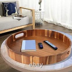 Round Wooden Serving Tray with Handles, 20 Large Diameter Wood Acacia, 20 Inch