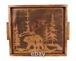 Rustic Bear & Feather Trees Stained Country Cabin Serving Tray WithWood Handles