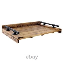 Rustic Dark Burnt Wood Stove Top Cover, Decorative Serving Tray with Pipe Handles