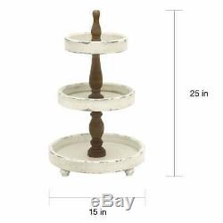 Rustic Farmhouse Wooden 3-Tier Serving Tray Round Display Stand Distressed White