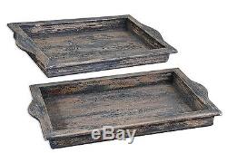 Rustic Indigo Blue Wood Serving Tray Set Country Cottage Handles
