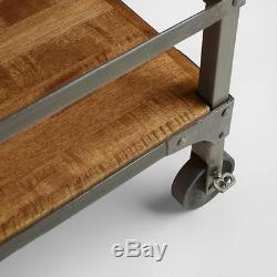 Rustic Industrial Bar Cart Serving Trolley Wood Metal Rolling Storage Tray Wine