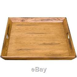 Rustic Square Ottoman Tray in Handmade Brown Oak Wood Extra Large Serving Decor