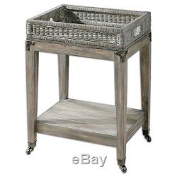 Rustic Wood Solid Pine SERVING CART Wicker Tray Cottage Wheels Rolling Antique