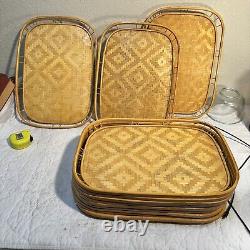 SET OF 12 Rattan Bamboo Tray Wicker Tiki Lap TV Serving Platter 19x13 Vintage