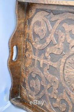 STUNNING Large Antique Arts & Crafts Oak Carved Butlers Serving Tea Tray