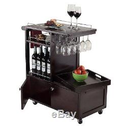 Serving Cart Rolling Mini Bar Wooden Trolley Beverage Cabinet Glass Rack Tray