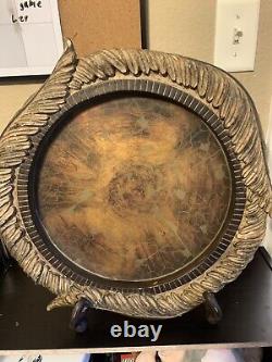Serving Plate Tray Solid Wood Wooden 17 Feather Rim Design Heavy Solid Decor