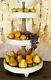 Serving Tray Party Stand Large 3 Tier Distress White Natural Wood Round