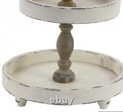 Serving Tray Party Stand Large 3 Tier Distress White Natural Wood Round